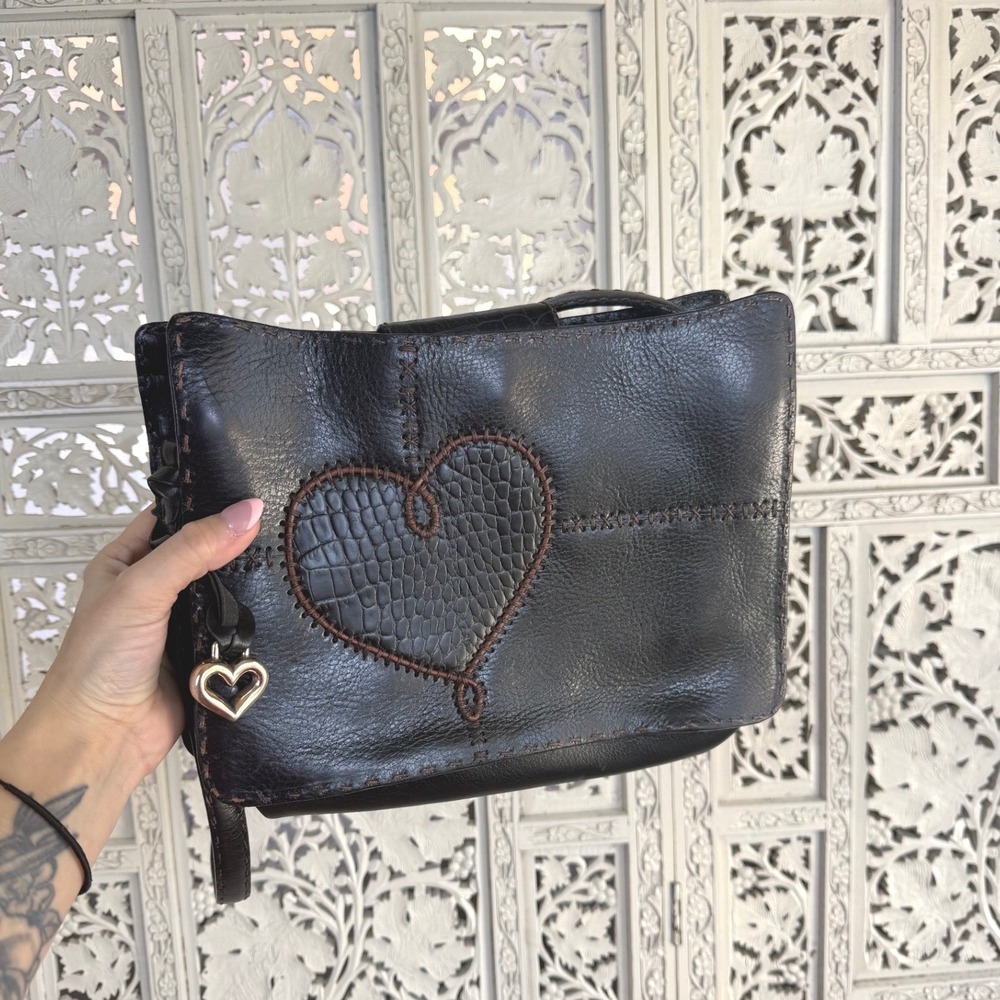 Brighton Black Leather Shoulder Bag Heart Romantic Croc Embossed Patchwork‎